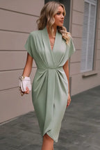 Sage Green V-Neck Wrap Dress Street - Full Head