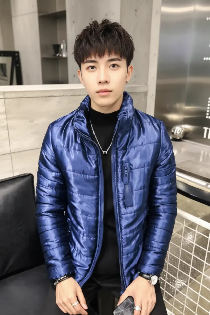 Shiny Navy Blue Puffer Jacket — Full Frame