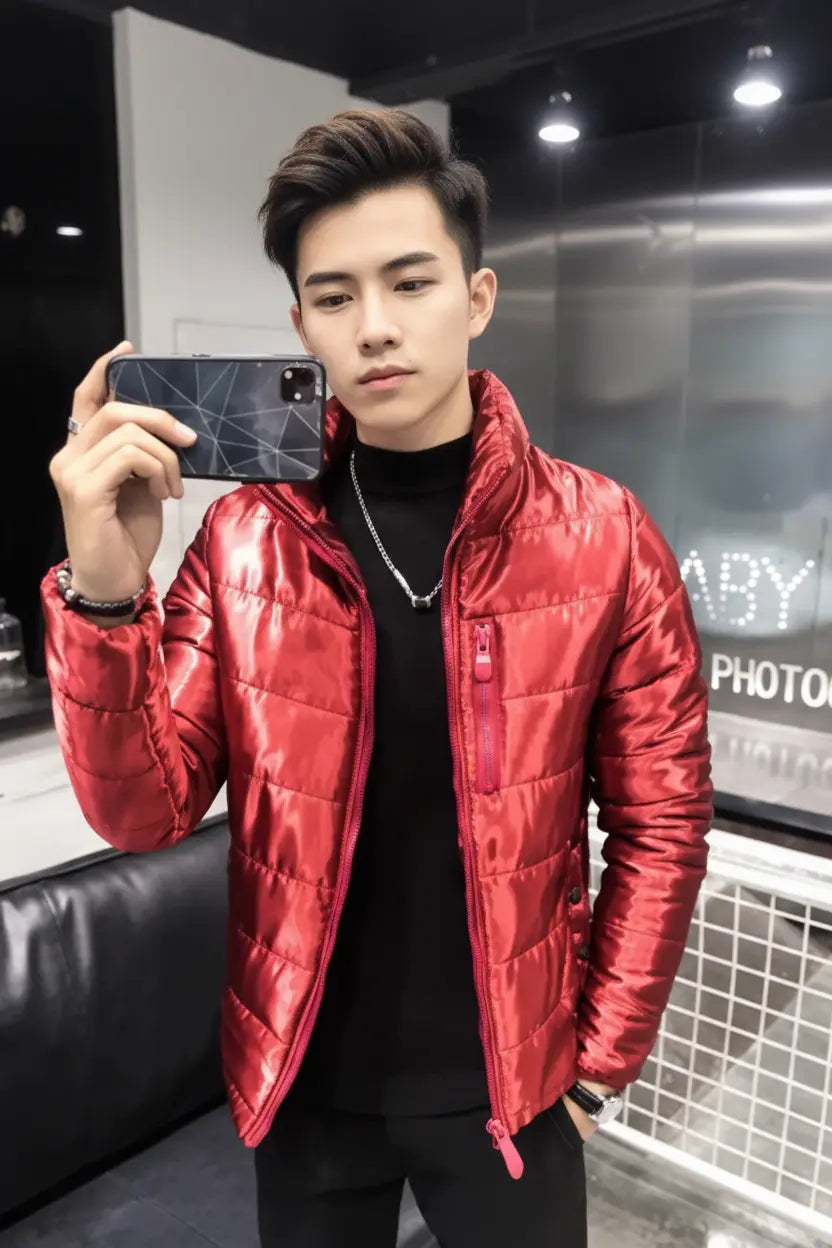 Shiny Red Puffer Jacket — Full Frame