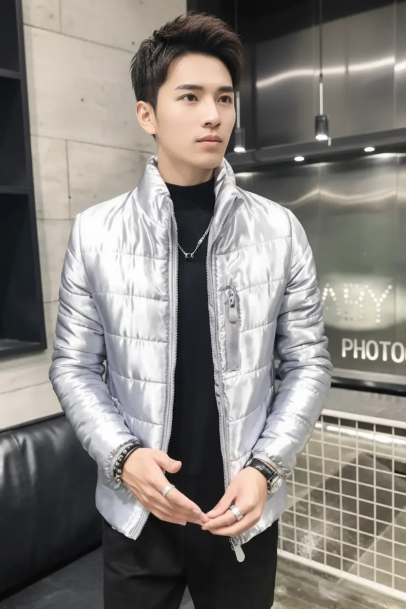 Shiny Silver Puffer Jacket — Full Frame