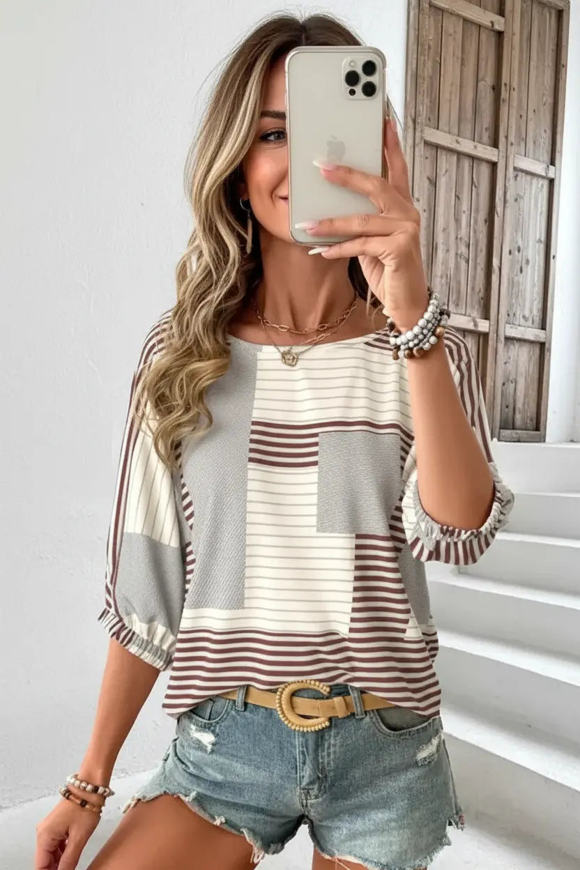 Women's Light Coffee Geometric Print 3/4 Sleeve Round Neck Top Style Haven