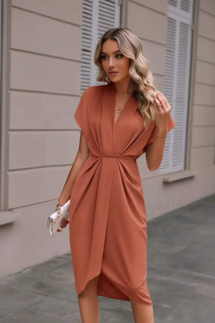 Terracotta V-Neck Wrap Dress - Full Head