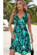 Women's Multi Color Leaf Print Tummy Coverage Sleeveless Dress Style Haven